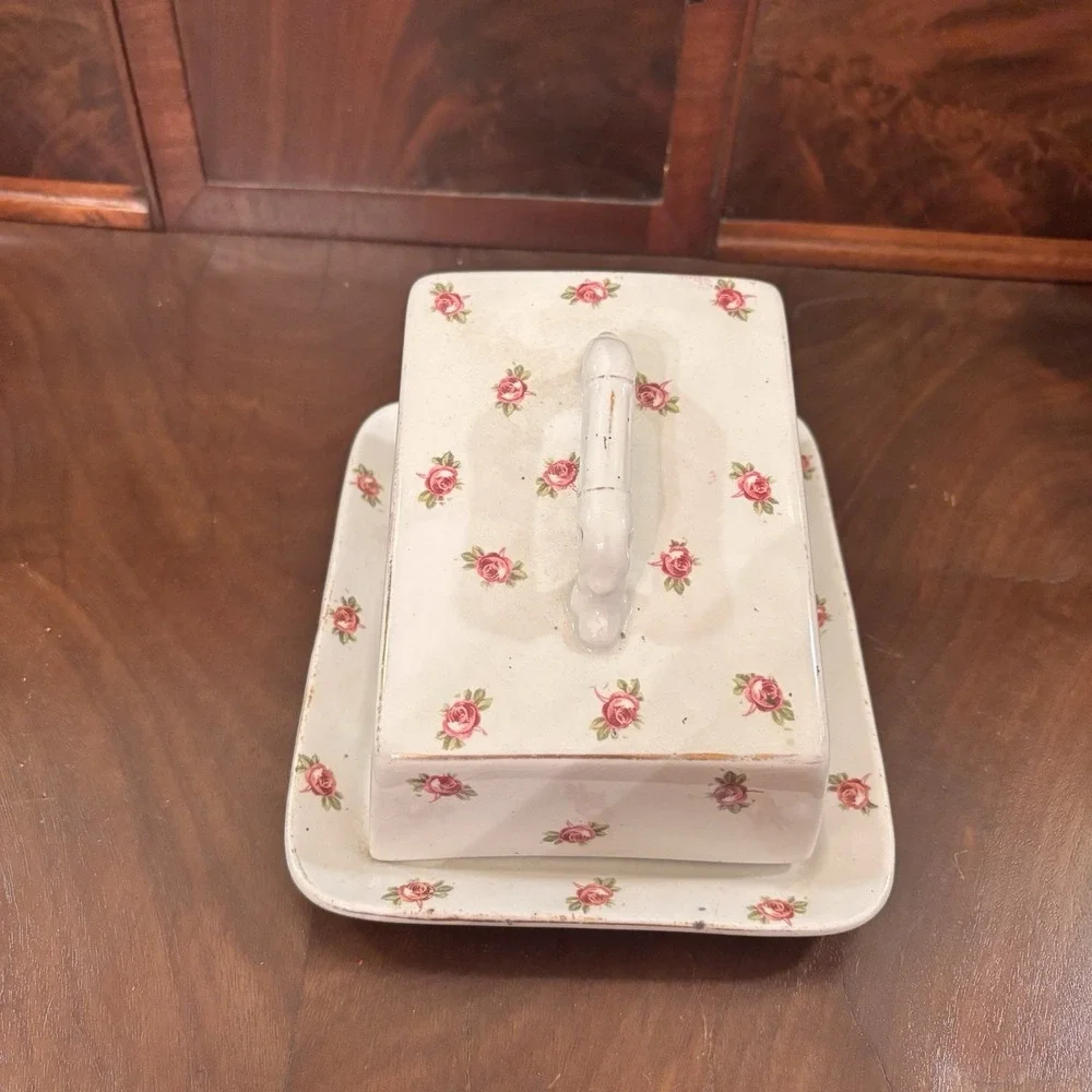 Antique Grimwades Stoke on Trent England Rose Floral Cheese Butter Dish & Cover